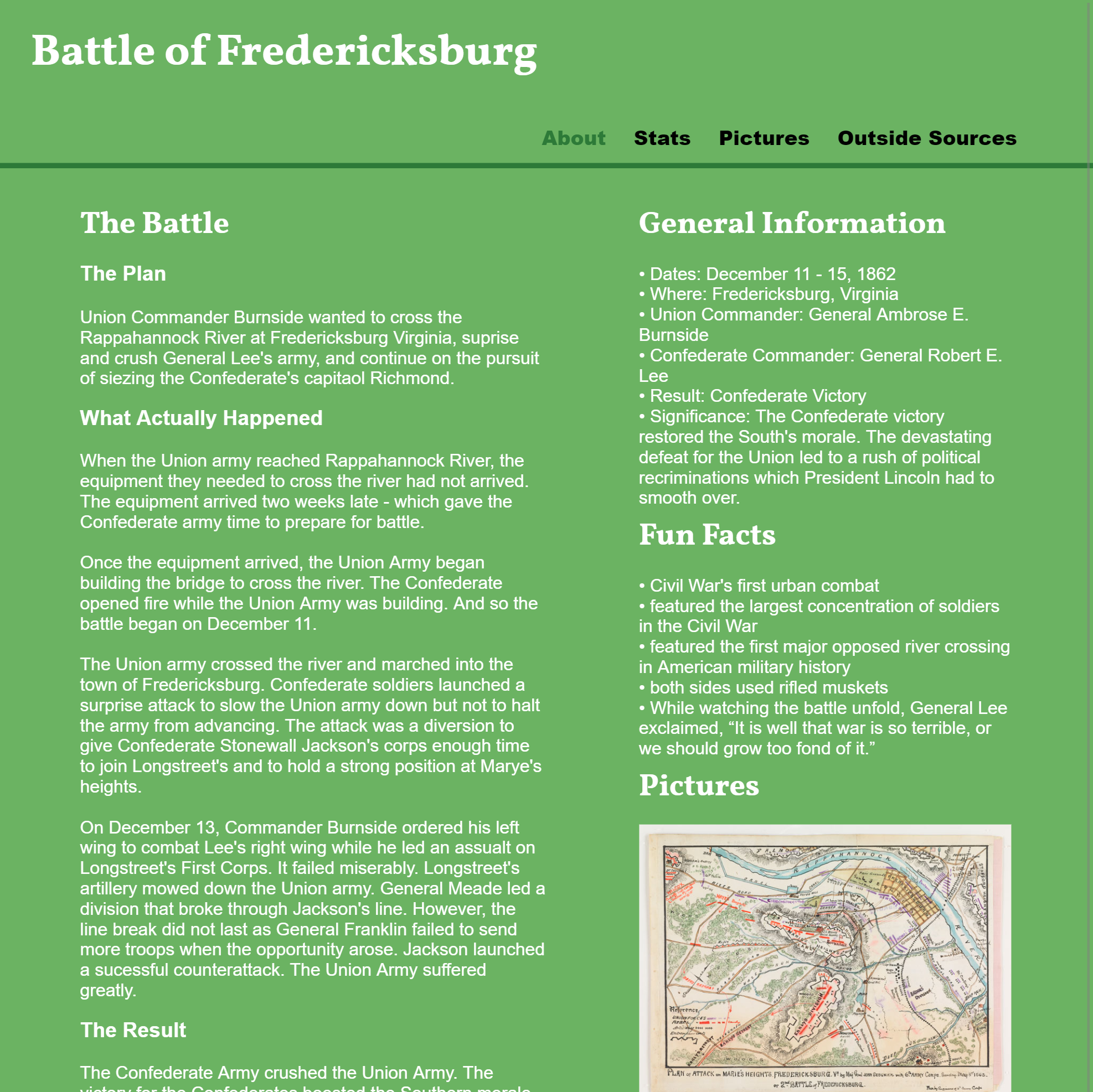 Battle of Fredericksburg Informational website screenshot